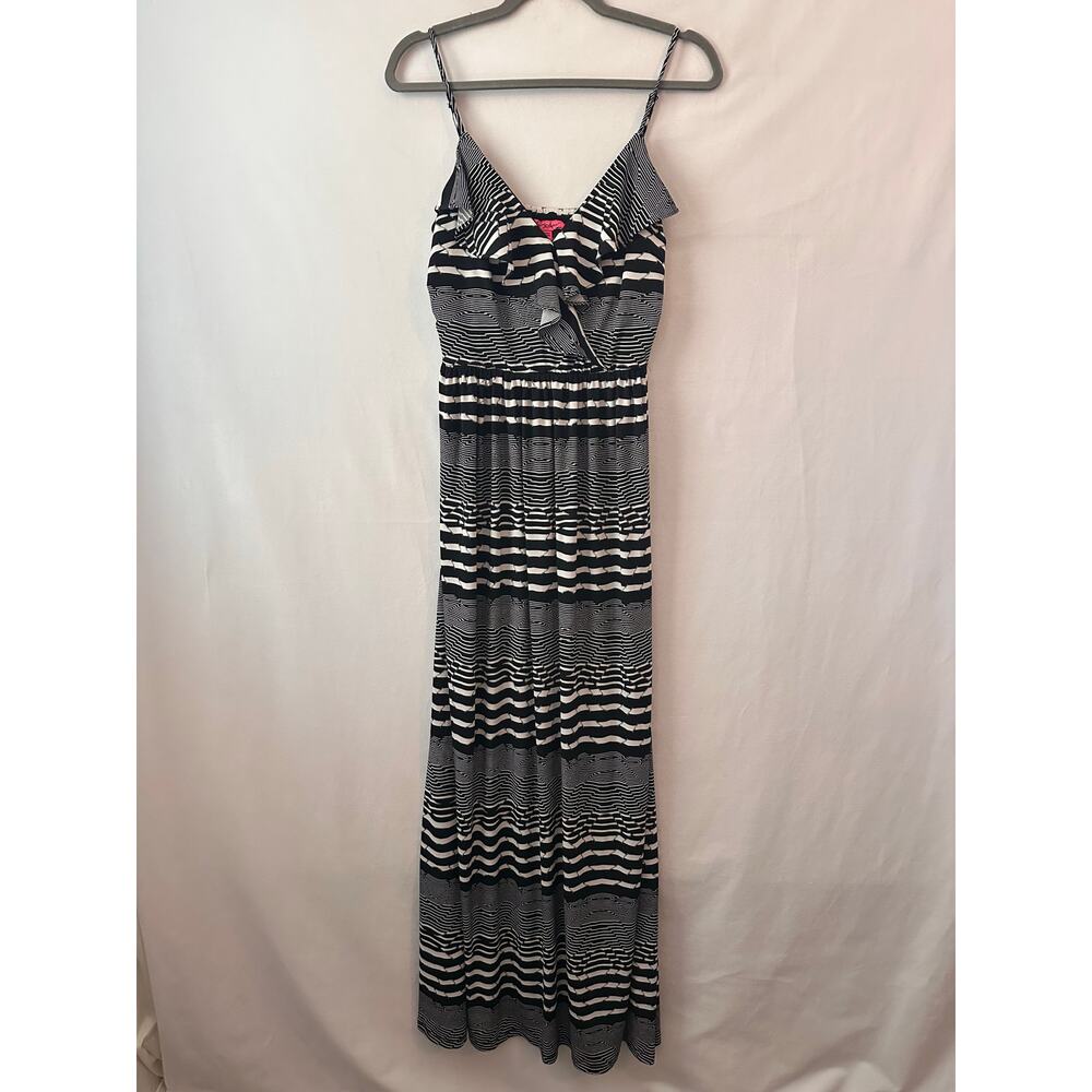 Betsey Johnson Maxi Dress Black white Stripe Flounce Ruffle Neckline Smocked 4
